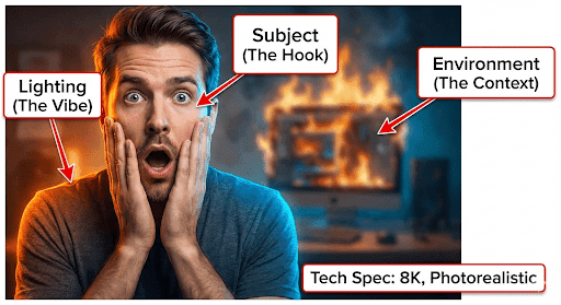 Infographic explaining how to write AI prompts for YouTube thumbnails including subject, lighting, and technical specs Infographic explaining how to write AI prompts for YouTube thumbnails including subject, lighting, and technical specs