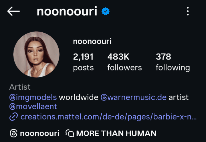Fake influencer example Noonoouri Instagram