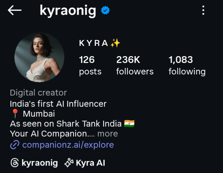 Indian AI influencers Kyra Instagram