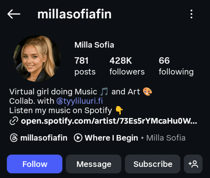 AI influencer girl Milla Sofia AI influencer
