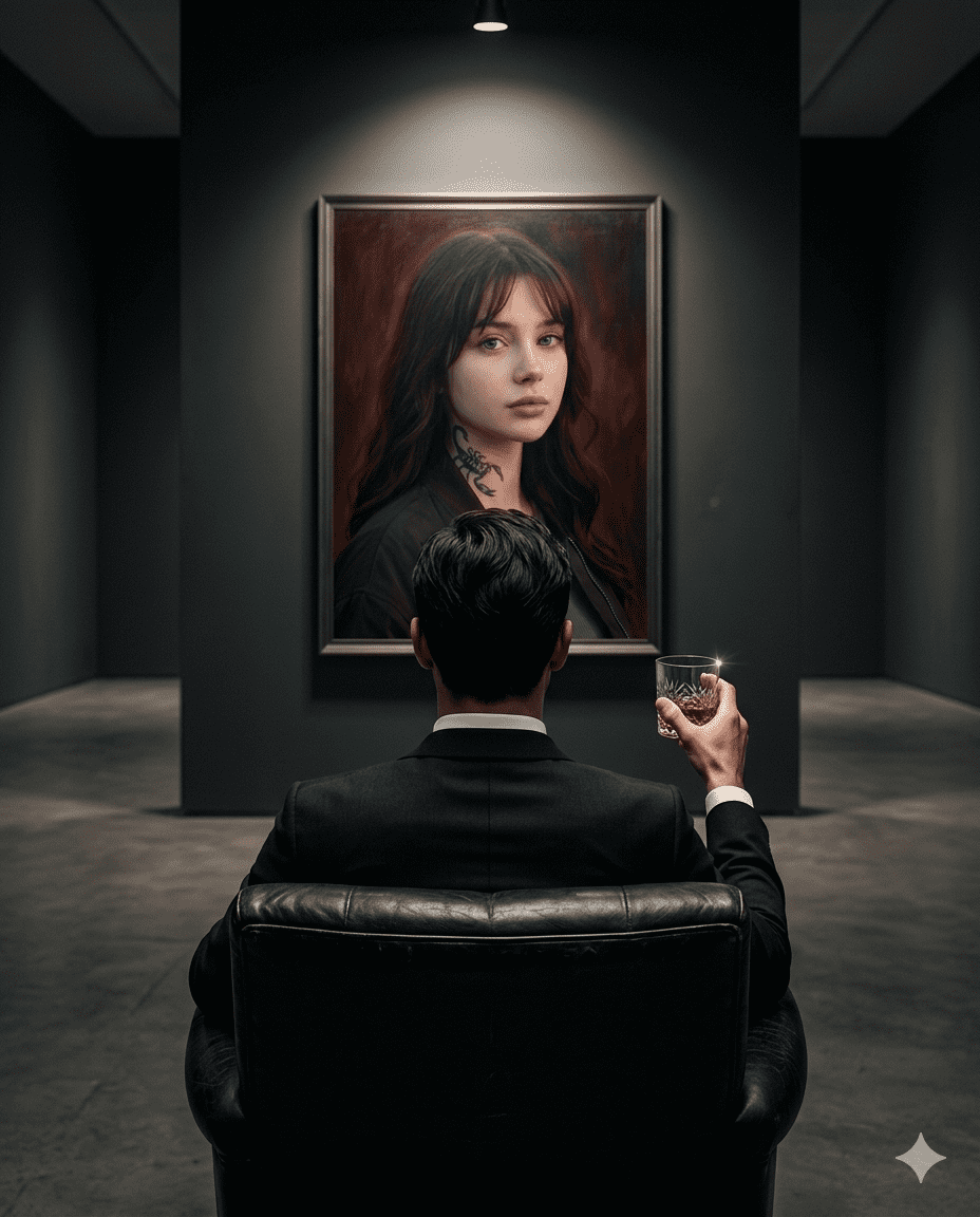 Man seated in a dark gallery holding a whiskey glass, observing a dramatic portrait under a single spotlight. Man seated in a dark gallery holding a whiskey glass, observing a dramatic portrait under a single spotlight.