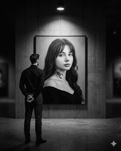 Black and white gallery scene of a man observing a dramatic portrait under focused spotlight. Black and white gallery scene of a man observing a dramatic portrait under focused spotlight.