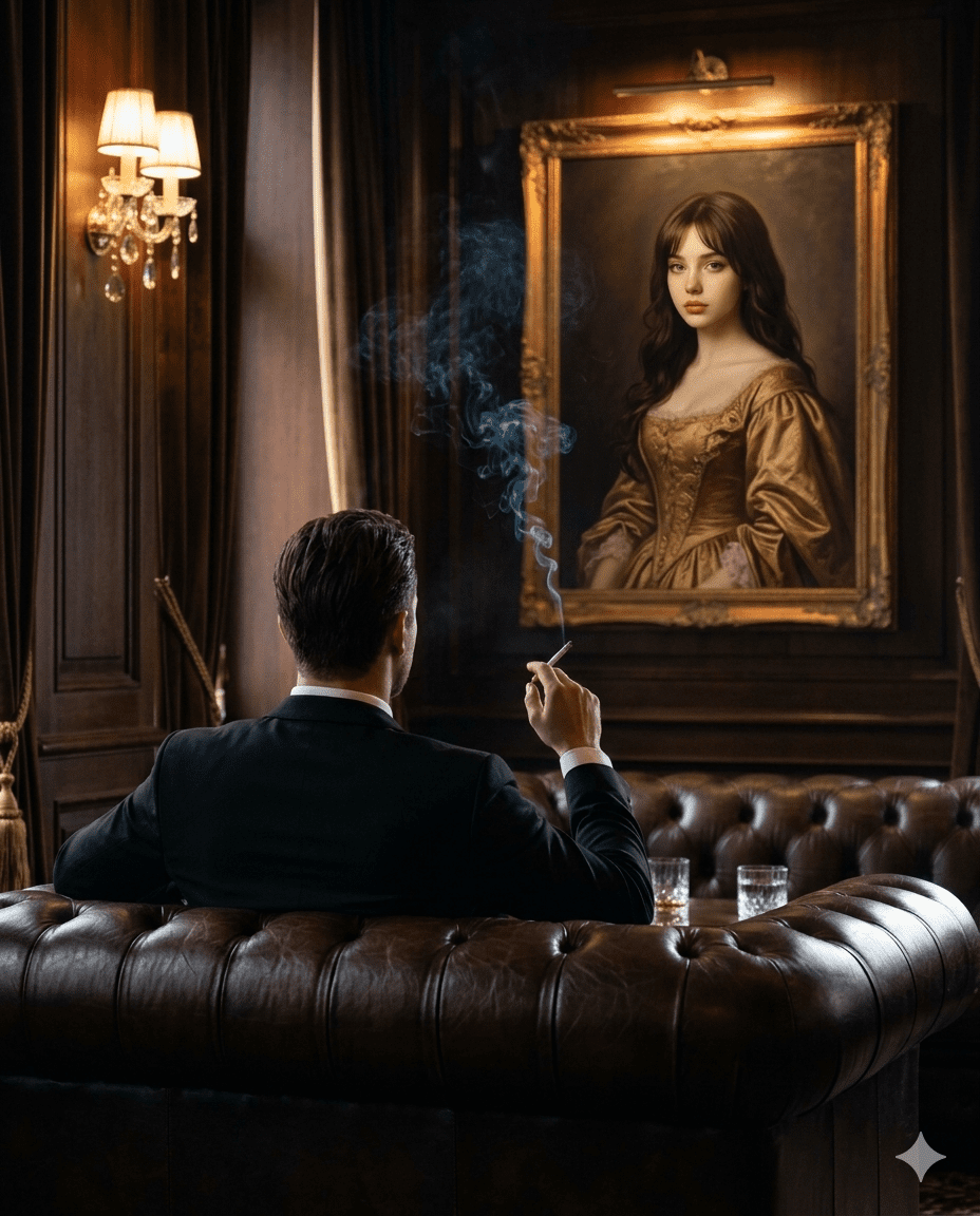 Luxury interior scene of a man smoking while observing a regal portrait in a wood-paneled room. Luxury interior scene of a man smoking while observing a regal portrait in a wood-paneled room.