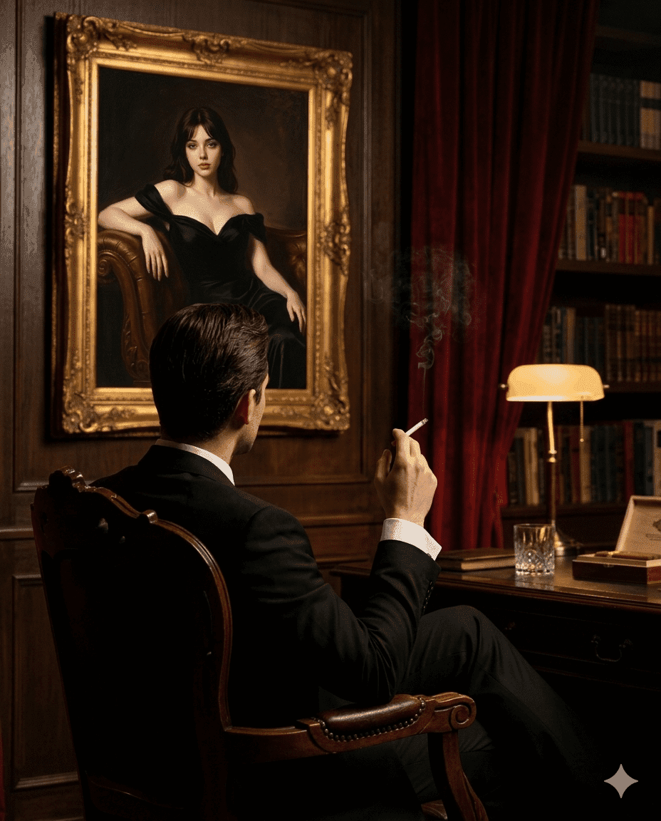 Dark cinematic study scene of a man observing an alluring portrait in warm shadowed lighting. Dark cinematic study scene of a man observing an alluring portrait in warm shadowed lighting.