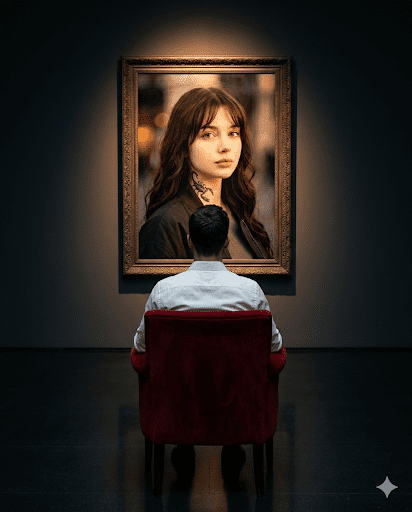 Minimal gallery scene of a man analyzing a soft portrait under warm spotlight. Minimal gallery scene of a man analyzing a soft portrait under warm spotlight.