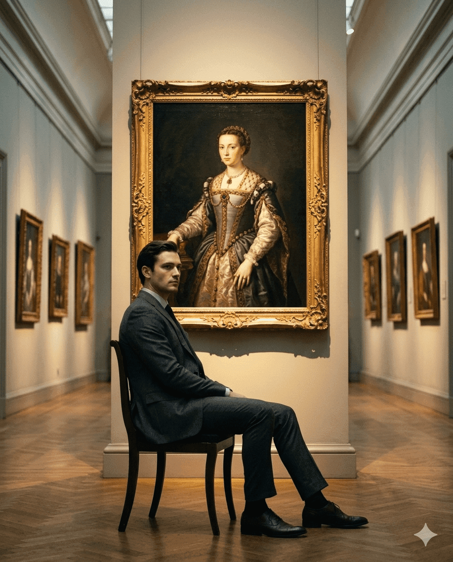 Museum corridor scene of a man observing a classical portrait under warm cinematic lighting. Museum corridor scene of a man observing a classical portrait under warm cinematic lighting.