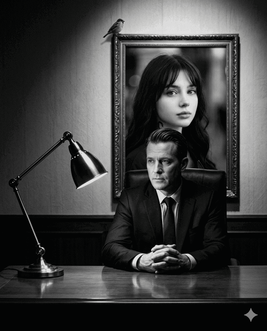 Black and white noir office scene with a man seated beneath a dramatic portrait. Black and white noir office scene with a man seated beneath a dramatic portrait.