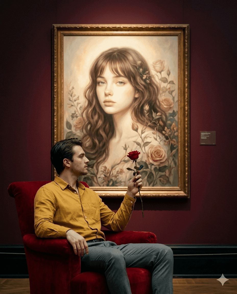 Artistic gallery scene of a man offering a rose toward a portrait under warm spotlight Artistic gallery scene of a man offering a rose toward a portrait under warm spotlight