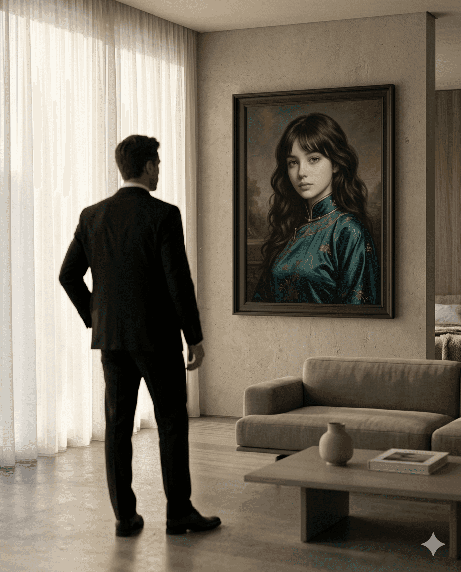 Modern living room scene with a man quietly observing a portrait in soft natural light. Modern living room scene with a man quietly observing a portrait in soft natural light.