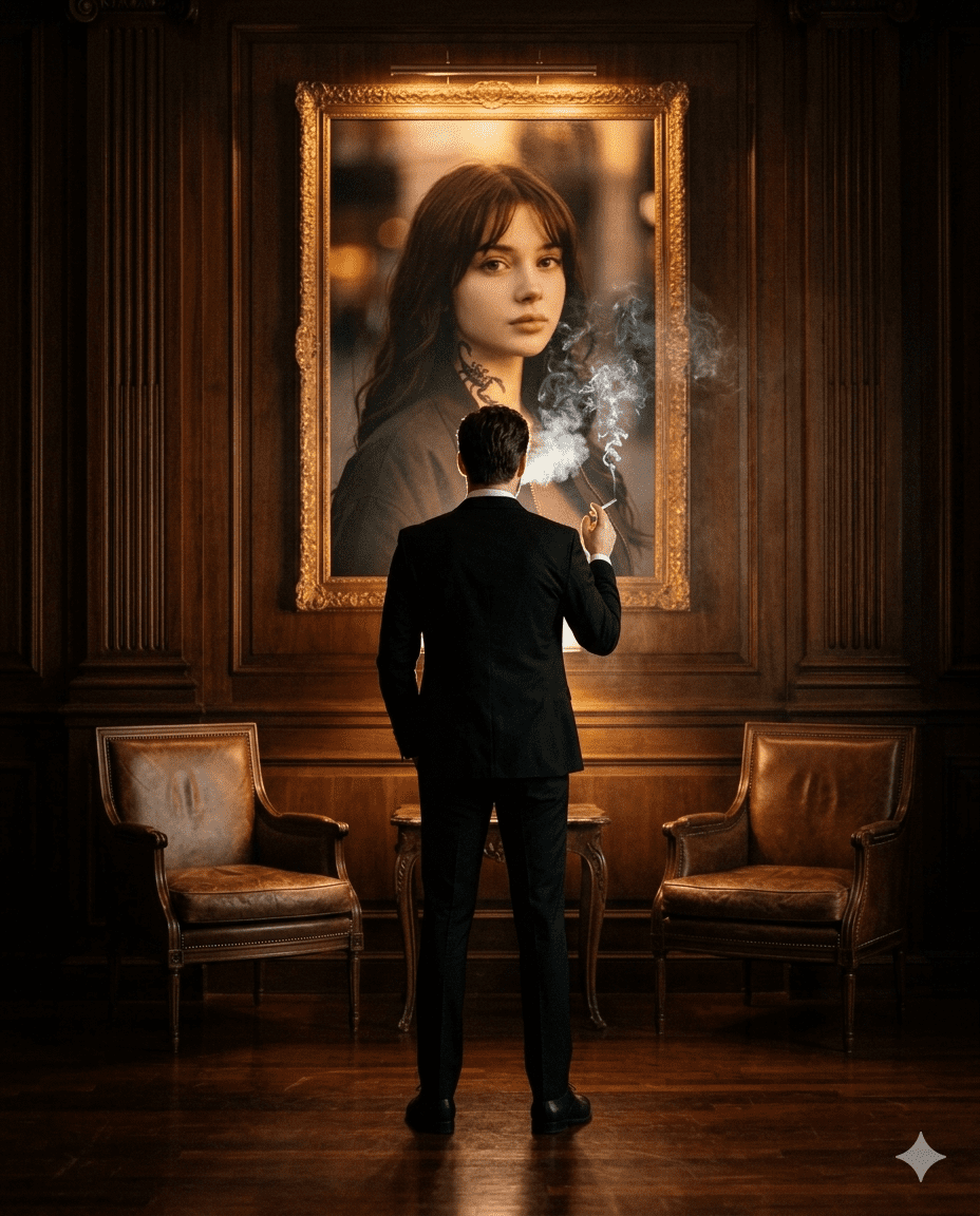 Dark cinematic interior of a man facing a dramatic portrait in a moody luxury setting Dark cinematic interior of a man facing a dramatic portrait in a moody luxury setting