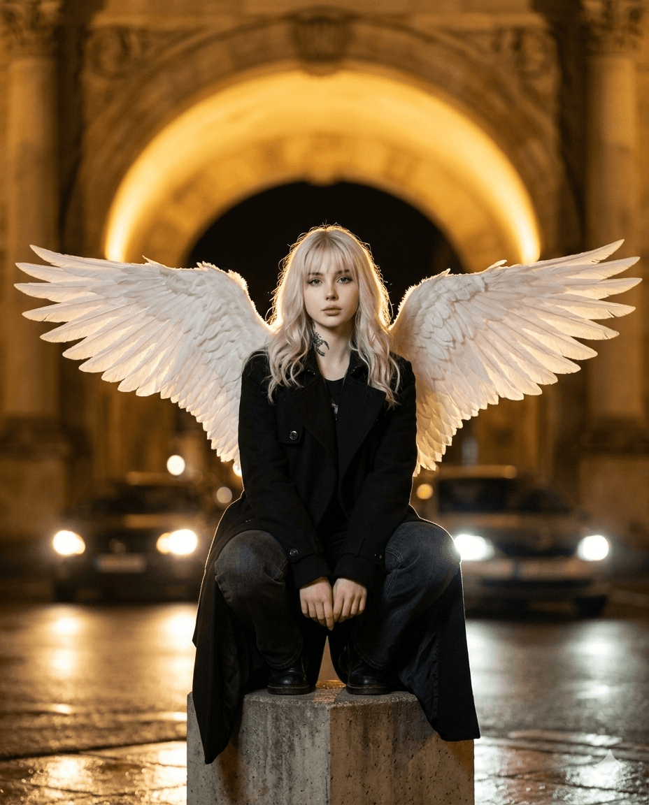 Urban Night Street Angel Cinematic night street portrait of a woman in a black trench coat with large white angel wings crouching under a stone archway. Urban Night Street Angel Cinematic night street portrait of a woman in a black trench coat with large white angel wings crouching under a stone archway.