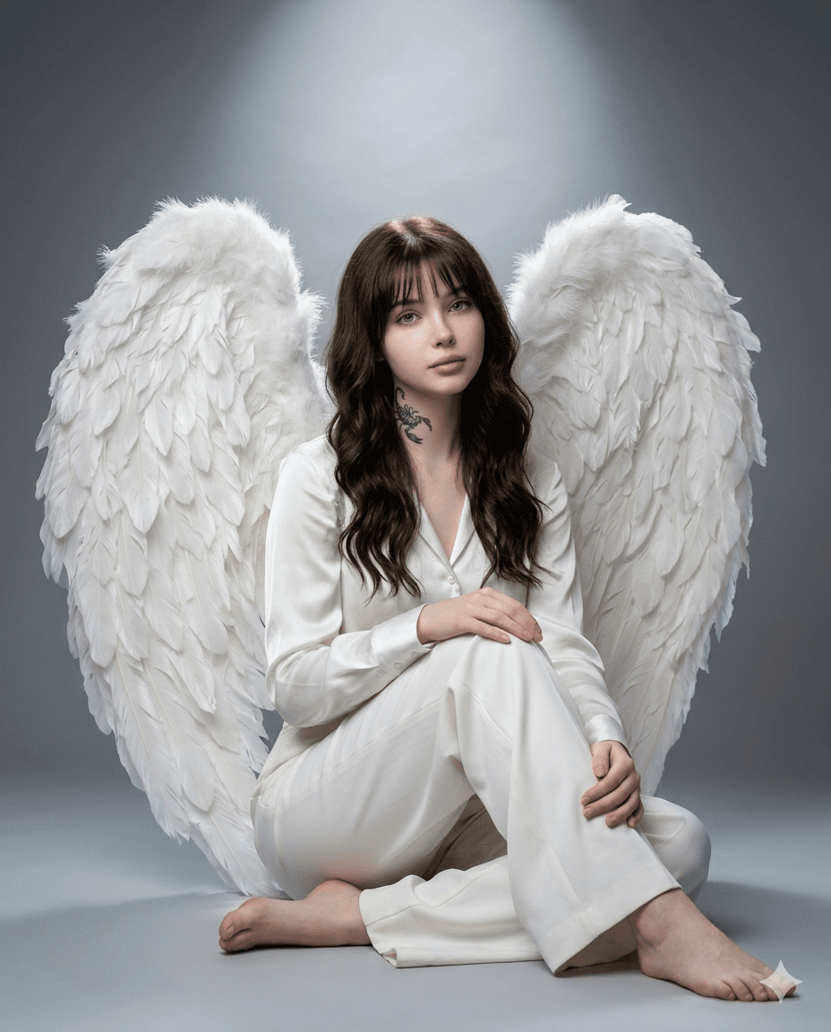 Minimalist Studio Halo Portrait Studio portrait of a woman with white angel wings wearing a silk blouse and wide-leg trousers sitting on a soft gray floor. Minimalist Studio Halo Portrait Studio portrait of a woman with white angel wings wearing a silk blouse and wide-leg trousers sitting on a soft gray floor.