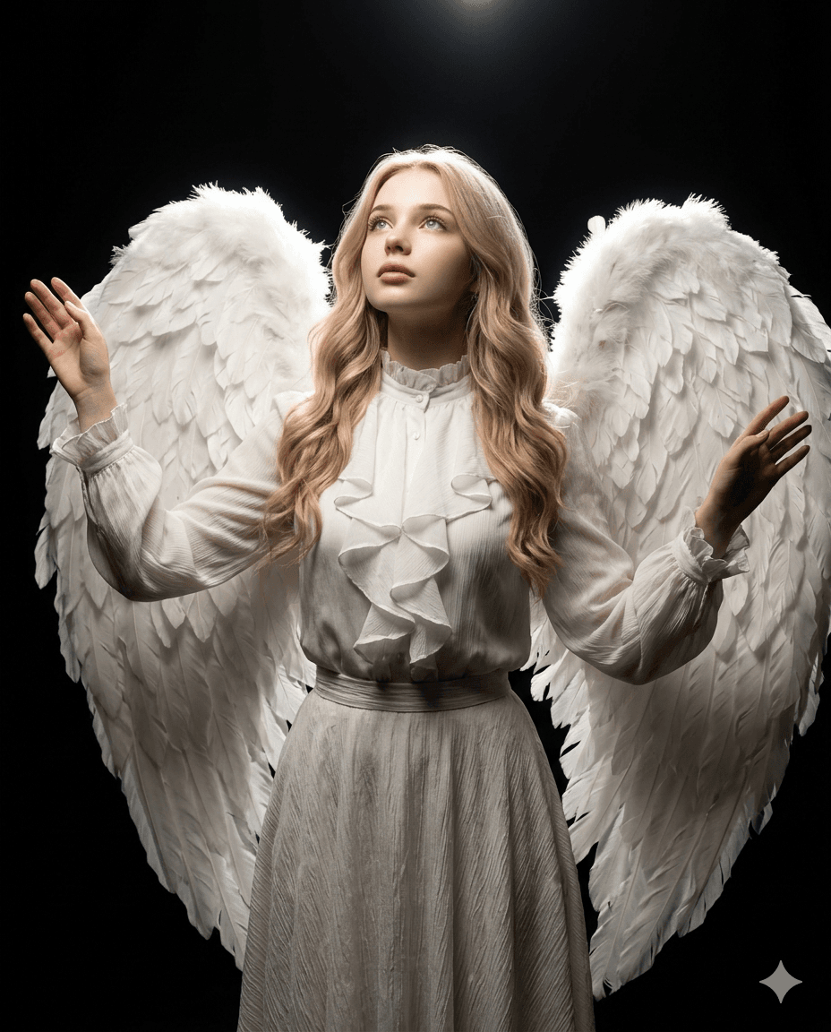 Dramatic High-Contrast Editorial High-contrast fashion portrait of a woman in a white ruffled blouse and large white angel wings standing against a dark background. Dramatic High-Contrast Editorial High-contrast fashion portrait of a woman in a white ruffled blouse and large white angel wings standing against a dark background.
