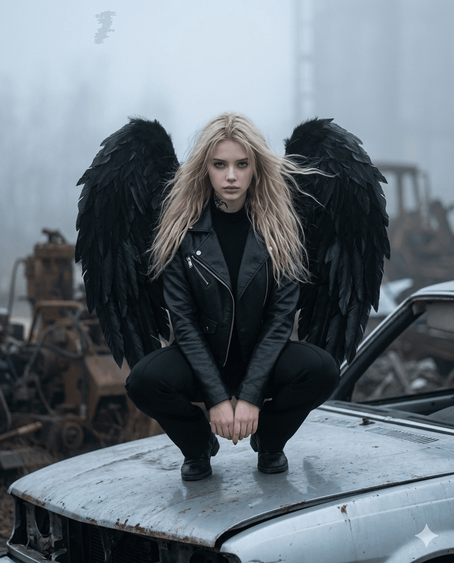 Dark Fantasy Industrial Fog Dark fantasy portrait of a woman with black angel wings and a leather jacket crouching on a silver car in a foggy industrial setting. Dark Fantasy Industrial Fog Dark fantasy portrait of a woman with black angel wings and a leather jacket crouching on a silver car in a foggy industrial setting.