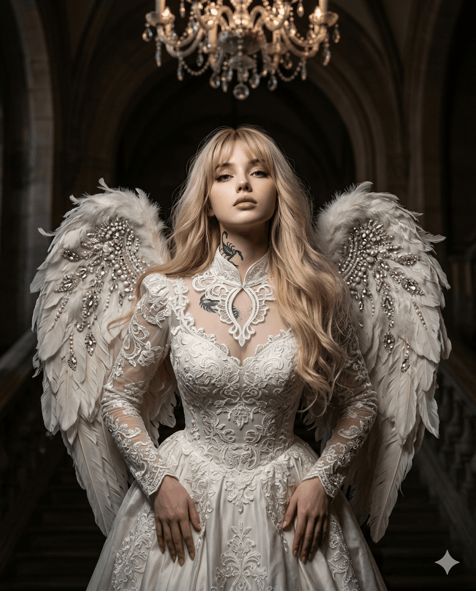 Grand Architecture & Luxury Woman in a white Victorian gown and crystal-embellished angel wings standing in a grand staircase hall under a chandelier. Grand Architecture & Luxury Woman in a white Victorian gown and crystal-embellished angel wings standing in a grand staircase hall under a chandelier.
