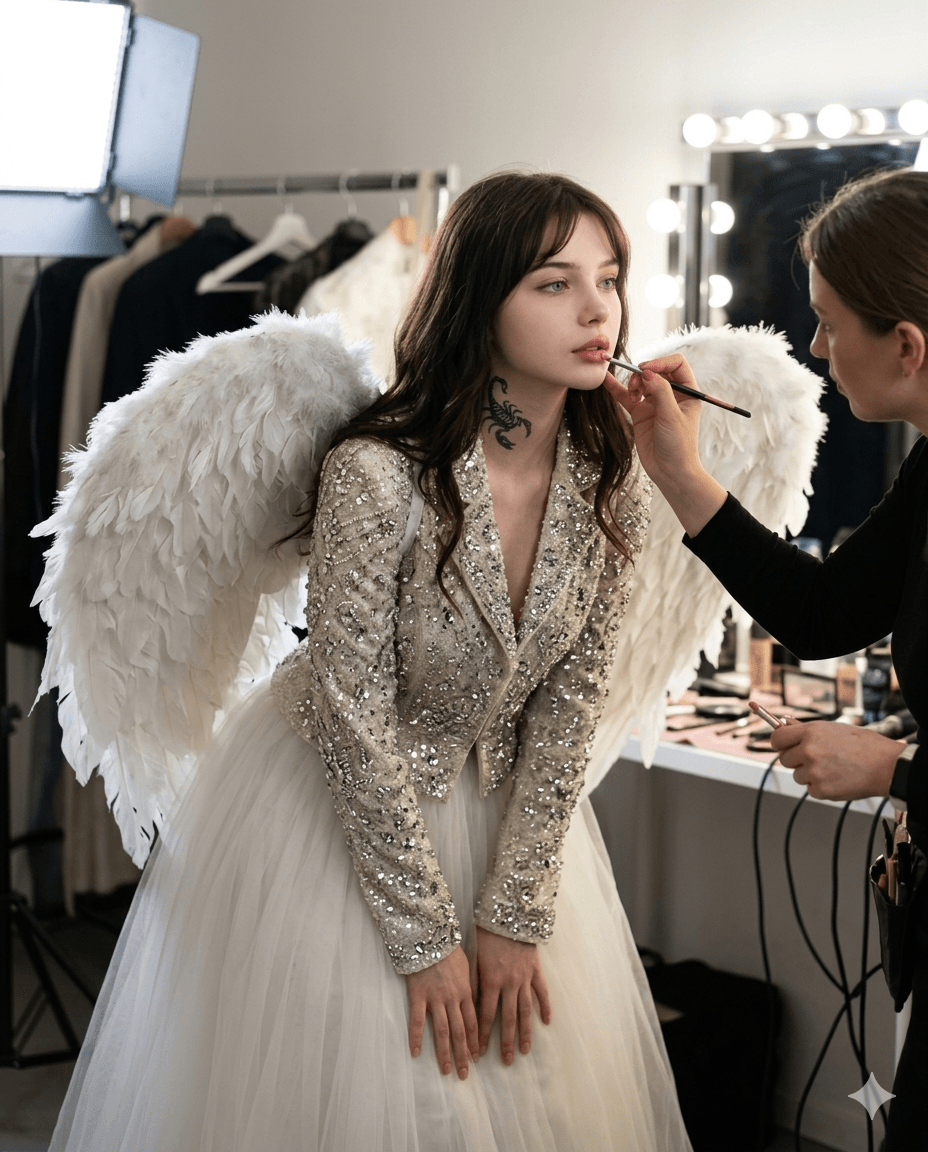 Behind-the-Scenes Candid Behind-the-scenes portrait of a woman with white angel wings and a tulle skirt getting lipstick applied in a brightly lit dressing room. Behind-the-Scenes Candid Behind-the-scenes portrait of a woman with white angel wings and a tulle skirt getting lipstick applied in a brightly lit dressing room.