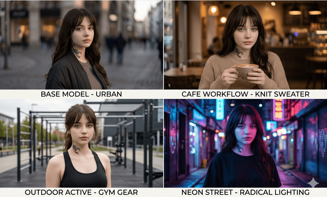 4-panel grid demonstrating a consistent face AI influencer Gemini prompt, showing the same female character with a scorpion neck tattoo in four different lighting environments. 4-panel grid demonstrating a consistent face AI influencer Gemini prompt, showing the same female character with a scorpion neck tattoo in four different lighting environments.