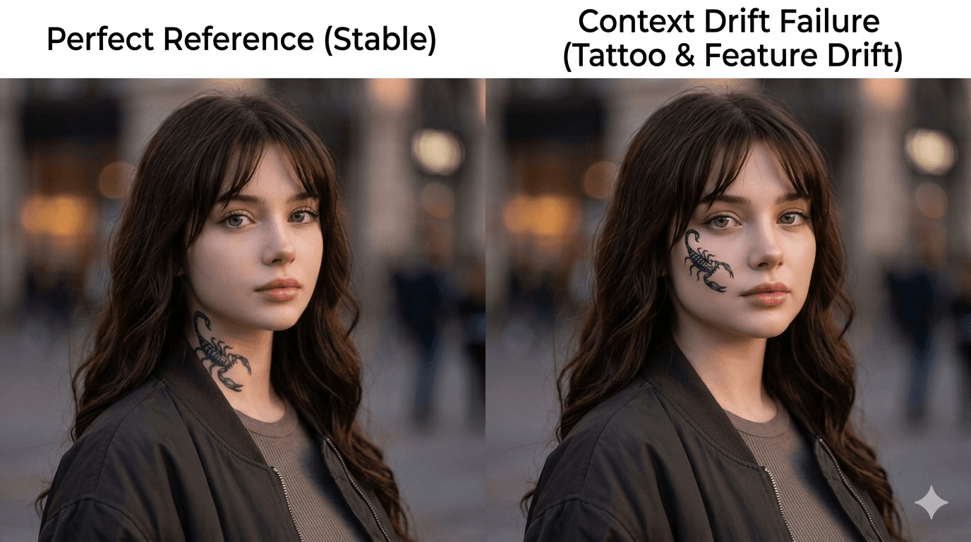 Side-by-side comparison showing context drift in AI image generation, comparing a successful consistent AI character with a deformed Gemini output where the neck tattoo migrated. Side-by-side comparison showing context drift in AI image generation, comparing a successful consistent AI character with a deformed Gemini output where the neck tattoo migrated.