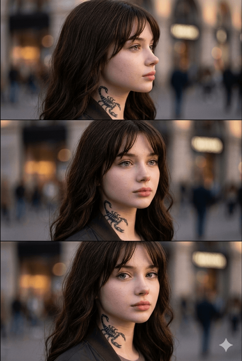 Three-angle AI character reference sheet for Gemini, displaying front, 45-degree, and side profile views of a female AI influencer to lock in facial consistency. Three-angle AI character reference sheet for Gemini, displaying front, 45-degree, and side profile views of a female AI influencer to lock in facial consistency.