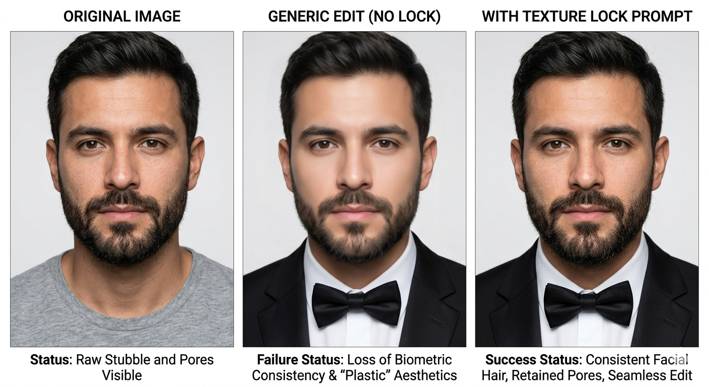 Side-by-side comparison of an AI-generated male face showing a smoothed, airbrushed look versus preserved stubble and visible skin pores using Gemini conversational editing Side-by-side comparison of an AI-generated male face showing a smoothed, airbrushed look versus preserved stubble and visible skin pores using Gemini conversational editing