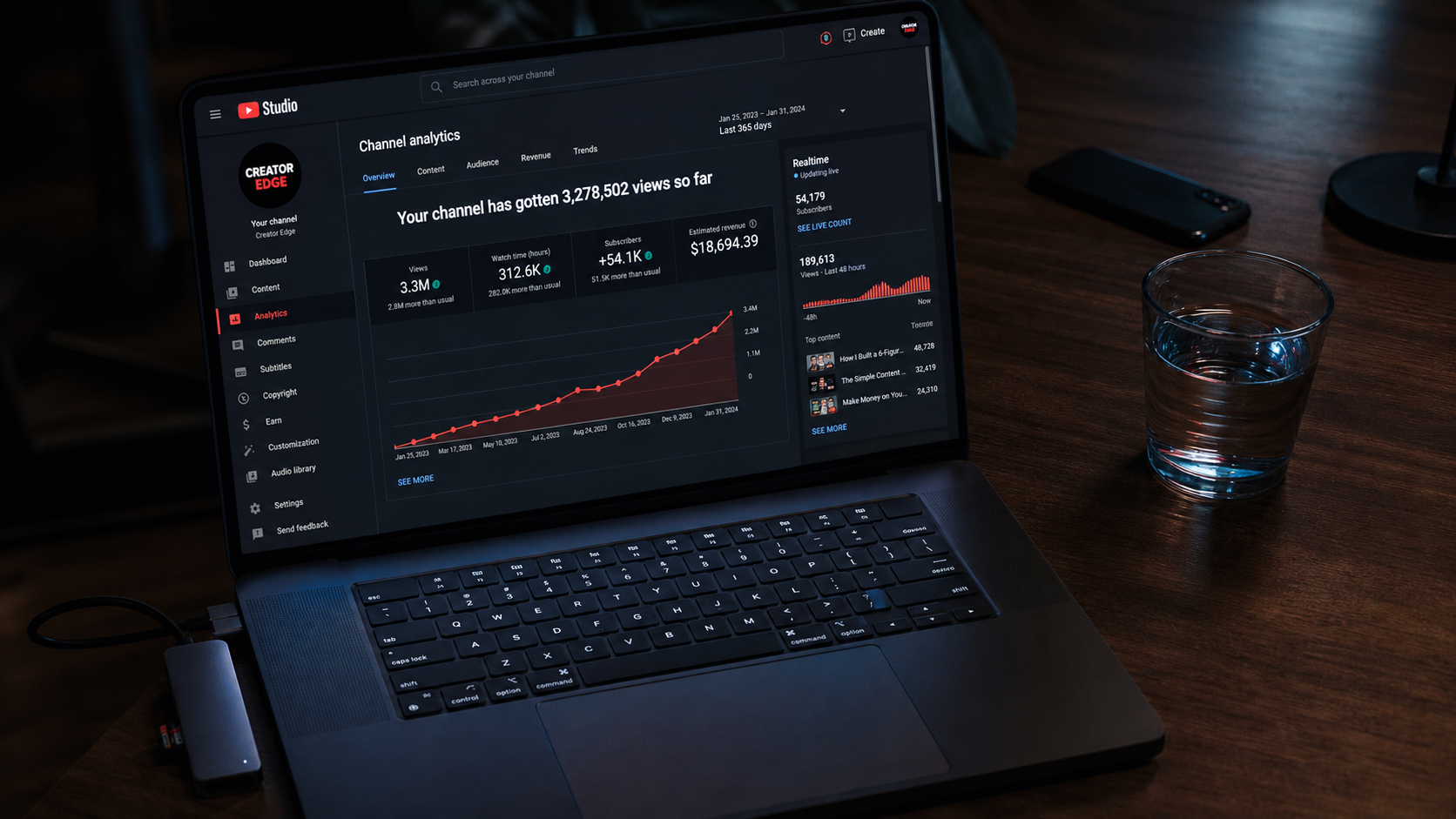 YouTube Studio analytics dashboard showing upward trending channel growth graph on a MacBook Pro — YouTube automation guide 2026 YouTube Studio analytics dashboard showing upward trending channel growth graph on a MacBook Pro — YouTube automation guide 2026